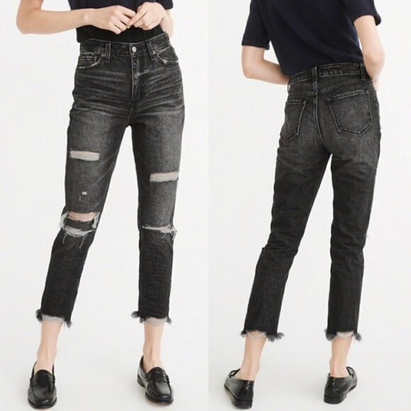 Abercrombie & Fitch Women's Jeans Annie Girlfriend 24 00 Ripped High Rise Black - Picture 2 of 7